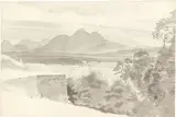 Bernhard Fries, Bergsee mit Doppelbergspitzen, Feder in Schwarz, grau laviert, auf Velin