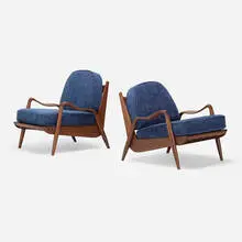 Phillip Lloyd Powell, New Hope lounge chairs, pair, c. 1970, sculpted walnut, upholstery, canvas webbing