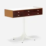 Miniature cabinet by George Nelson & Associates, 1952, laminate, rosewood, stained teak, walnut, porcelain, brass, enameled steel, sold May 2020
