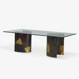 dining table, model PE 24 by Paul Evans, 1970, welded and patinated steel, glass, sold Jan 2020
