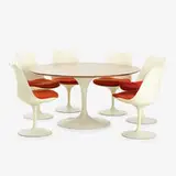 dining set by Eero Saarinen, 1956-57, teak, enameled metal, fiberglass, upholstery, sold Jan 2020