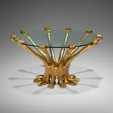 Hand Foot coffee table by Pedro Friedeberg, 1972, carved and gilt walnut, glass, sold Oct 2024