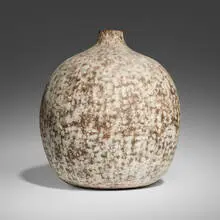 Uxulac vessel by Claude Conover, 1974, glazed stoneware with engobe decoration, sold Oct 2024