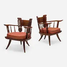 Armchairs, pair by Ettore Zaccari, c. 1955, carved walnut, upholstery, sold Oct 2024