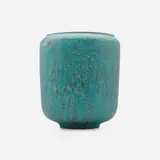 Cylindrical vase with indented top by Gertrud and Otto Natzler, 1958, earthenware with Old Turquoise Alkaline mat glaze, sold Oct 2024
