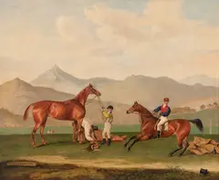 Thomas Weaver, Zarah & Jumping Jenney on the gallops before mountains, oil on canvas