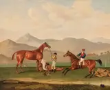 Thomas Weaver, Zarah & Jumping Jenney on the gallops before mountains, oil on canvas