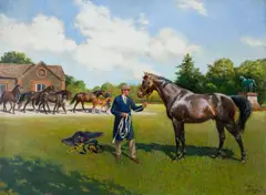 Terence Cuneo, Royal Stallion,  with Shirley Heights standing centre right, mares in background, oil on canvas