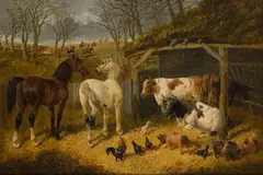 Jnr. John Frederick Herring, A farmyard scene with a hunt passing in the distance, oil on canvas