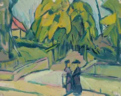 Else Lohmann, Zwei Frauen im Park, 1918, Öl auf leichtem Karton
