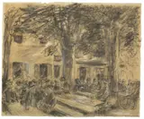 Max Liebermann, Hofbräukeller in Rosenheim, Um 1893, Bleistift und weiße Kreide auf Papier