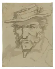 August Richter, Selbstbildnis, Pinsel in Dunkelgrau auf grauem Papier