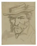 August Richter, Selbstbildnis, Pinsel in Dunkelgrau auf grauem Papier