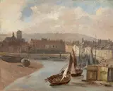 Hafenstadt bei Ebbe (Nordfrankreich?) by Französisch, um 1860 & 80, Öl auf Papier auf Pappe, sold Jun 2016