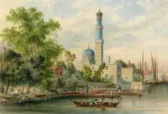 Albert Ludwig Trippel, Drei Ansichten aus Potsdam und Umgebung (Dorfansicht sowie „Moschee“ und Garnisonskirche in Potsdam). 1840er Jahre, Jeweils Aquarell und Deckfarbe über Bleistift auf Papier
