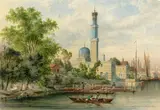 Albert Ludwig Trippel, Drei Ansichten aus Potsdam und Umgebung (Dorfansicht sowie „Moschee“ und Garnisonskirche in Potsdam). 1840er Jahre, Jeweils Aquarell und Deckfarbe über Bleistift auf Papier
