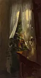 Deutsch, um 1860, Der geöffnete Vorhang, Öl auf Papier, auf leichten Karton aufgezogen