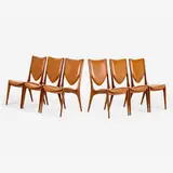 Vladimir Kagan, Shield back dining chairs model VK 103, set of six, 1959, sculpted walnut, vinyl