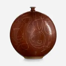 Peter Voulkos, early vase, 1952-53, glazed stoneware with wax resist and sgraffito decoration