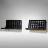 Poul Kjaerholm, wall-mounted settees model PK 26, pair, 1956, matte chrome-plated steel, string, canvas, leather