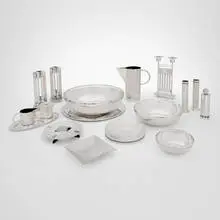 Richard Meier, Collection of hollowware, c. 1980, silver-plated metal, glass