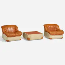 Henning Korch, Rare Caprice coffee table and lounge chairs, pair, c. 1970, leather upholstery, canvas upholstery