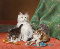 Daniel Merlin, Cat and her Kittens Playing with Ribbons