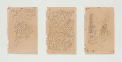 Three Studies by Eduardo Paolozzi, one inscribed, pen on brown paper, each 17.5 x 11.5 cm. (6.5 x 4.5 in.) (3), offered Feb 2016