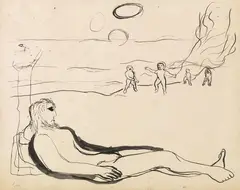 Enrico Baj, Uomo seduto, ink on paper