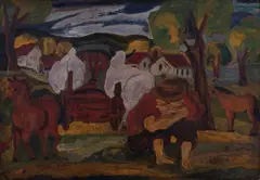 Beppe Serafini, Paesaggio con contadino, 1975, mixed media on cardboard