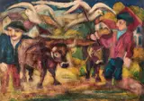 Beppe Serafini, Contadini, mixed media on cardboard