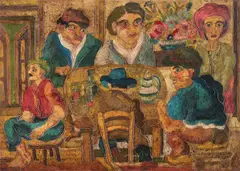Beppe Serafini, La tavolata, mixed media on cardboard