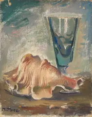 Mario Tozzi, Conchiglia e bicchiere sul tavolo, 1942, oil on canvas