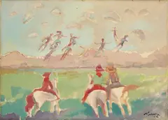 Mino Maccari, Cavalieri, 1964, oil on canvas