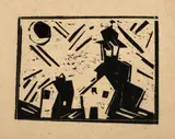 Lyonel Feininger, Rathaus und Neumond, 1918, Holzschnitt auf Seidenpapier