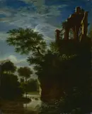 Deutsch, um 1825 & 35, Ruine über einem Fluss im Mondschein, Öl auf Holz