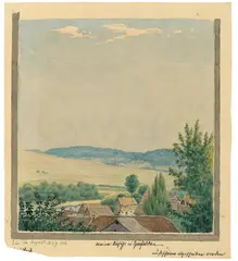 Ludwig Emil Grimm, Ansicht von Goßfelden bei Marburg, 1829, Aquarell über Bleistift, mit Pinsel in Grau an drei Seiten gerahmt, auf dünnem, bräunlichem Whatman-Velin