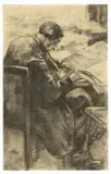 Lesser Ury, Zeitungsleser im Café, Kohle auf Papier