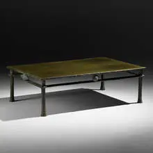Philippe Anthonioz, coffee table, model T009, 1988, patinated bronze, leather