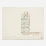 Frank Lloyd Wright, Southern Elevation drawing for Price Tower, Bartlesville, Oklahoma, 1952, ink and colored pencil on paper