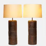 Peter Lane, Birchbark table lamps, pair, 2015, glazed stoneware, linen shades