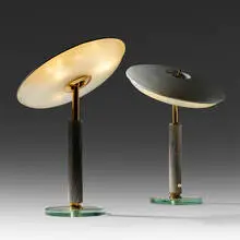 Pietro Chiesa, table lamps, pair, c. 1940, crystal, aluminum, brass, cut glass, enameled aluminum
