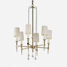 Chandelier by Tommi Parzinger, c. 1955, brass, patinated brass, silk, glass, enameled aluminum, sold Sep 2024