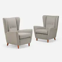 attribution Paolo Buffa, Wingback chairs, pair, c. 1950, upholstery, walnut
