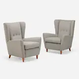 attribution Paolo Buffa, Wingback chairs, pair, c. 1950, upholstery, walnut