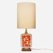 Table lamp by Guido Gambone, c. 1955, glazed stoneware, wood, brass, linen shade, sold Sep 2024