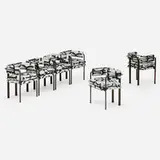 Modern, Dining chairs, set of six, c. 1975, patinated steel, upholstery