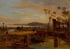Anton Sminck Van Pitloo, Landleute und Tiere in einer Landschaft bei Neapel. (Vor) 1828, Öl auf Papier auf Holz