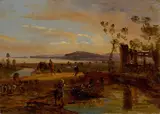 Anton Sminck Van Pitloo, Landleute und Tiere in einer Landschaft bei Neapel. (Vor) 1828, Öl auf Papier auf Holz