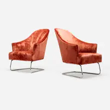 Cantilevered lounge chairs, pair by Joseph D'Urso, upholstery, chrome-plated steel, sold Sep 2024